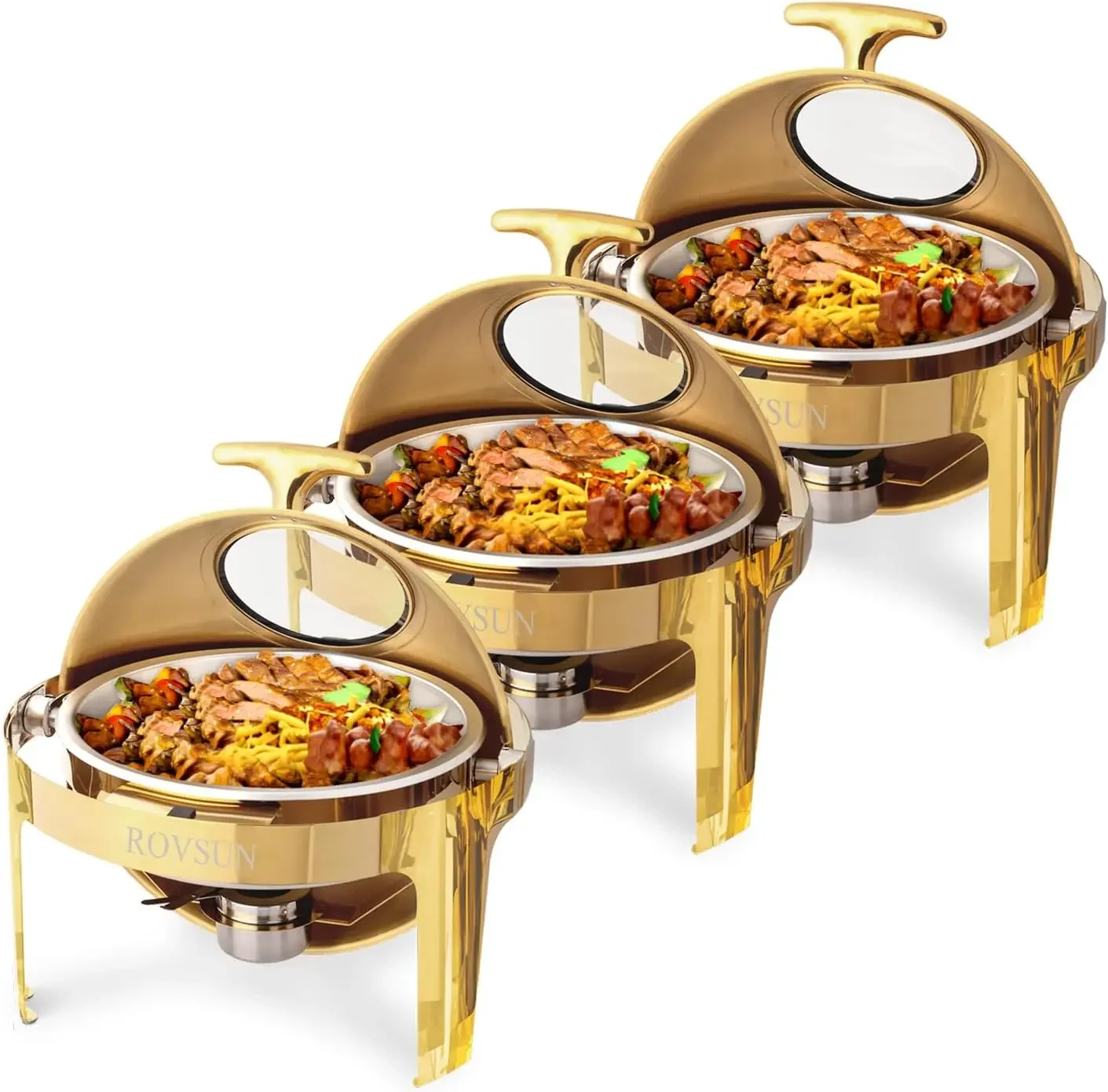 

ROVSUN 6 QT 3 Pack Round Chafing Dish Buffet Set, Roll Top NSF Stainless Steel Buffet Warmer Chafers and Buffet Warmers Sets