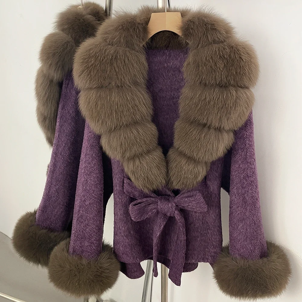 OFTBUY Luxuriöser Echtfuchs-Pelzkragen Wollmantel für Damen Neue Herbst-Winter-Kleidung mit Natürlichem Pelzgürtel 100% Wollmantel für Frauen – Detail 40
