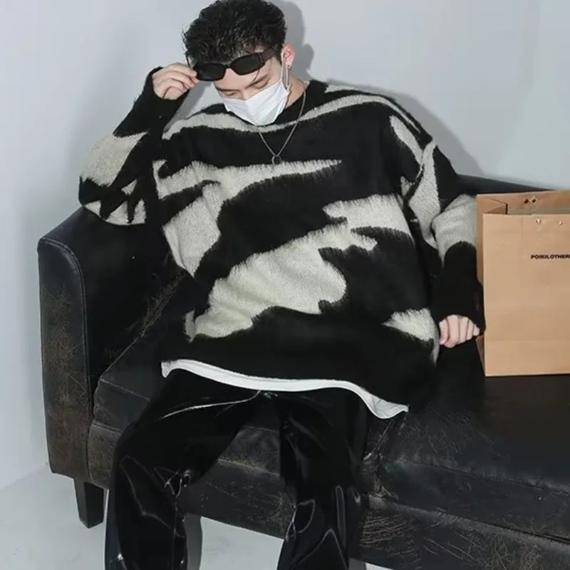 

Мужской свободный повседневный вязаный свитер больших размеров для осени и зимы, 250 Pou, в стиле Гонконг, японский стиль, с пэчворком, модный свитер