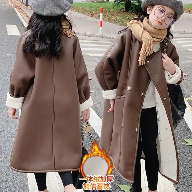 

Girl Pu Leather Lambhair Jacket Children Autumn Winter New Loose Thicker Velvet Outfit Kids Leather Coats 4-16 Years Wz995