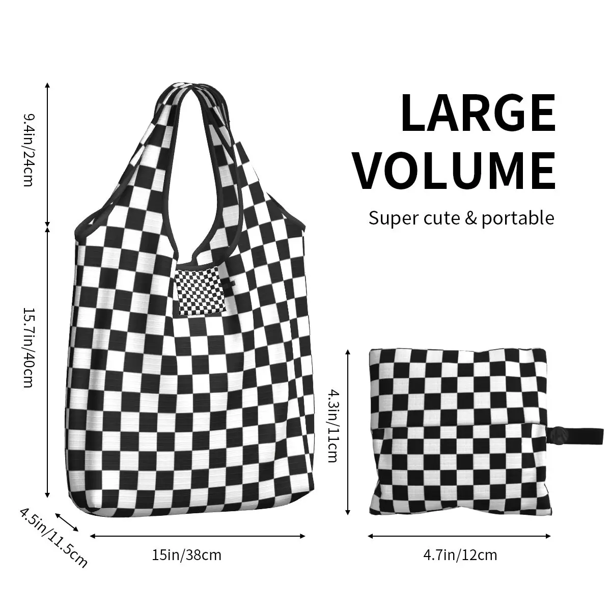 Black And White Grocery Bags Durable Large Reusable Recycle Heavy Duty Checkerboard Shopping Tote Bag Washable Lightweight image 3