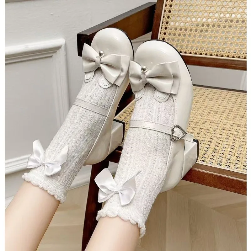

2025 Lolita Style Cute Round Head Jane Pumps with Bow Women's Sweet Party Dress Midi Heels Shoes Fashion PU Sandals