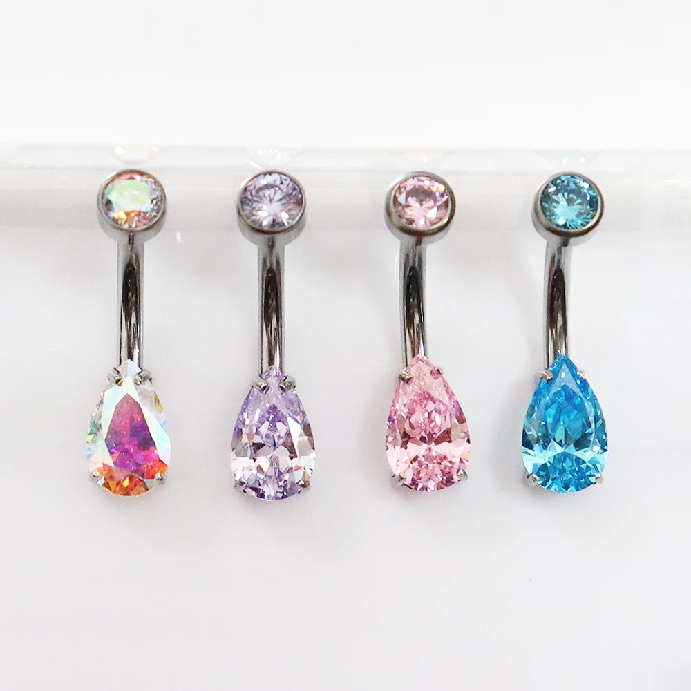 F136 Titanium Alloy Navel Nail Water Drop Zircon Suspension Navel Ring Shiny European And American Body Piercing Jewelry