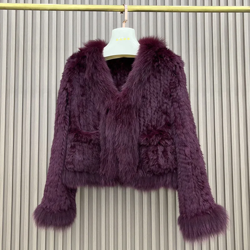 

2023 Autumn Winter New Real Fox Fur Jackets Natural Rabbit Fur Coats Knitted Women's Luxury Woman Clothing Female Coat Outwear