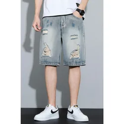 Pantalones cortos rasgados para hombre, Vaqueros sueltos y a la moda, hasta la rodilla, ropa de calle, novedad de 2024