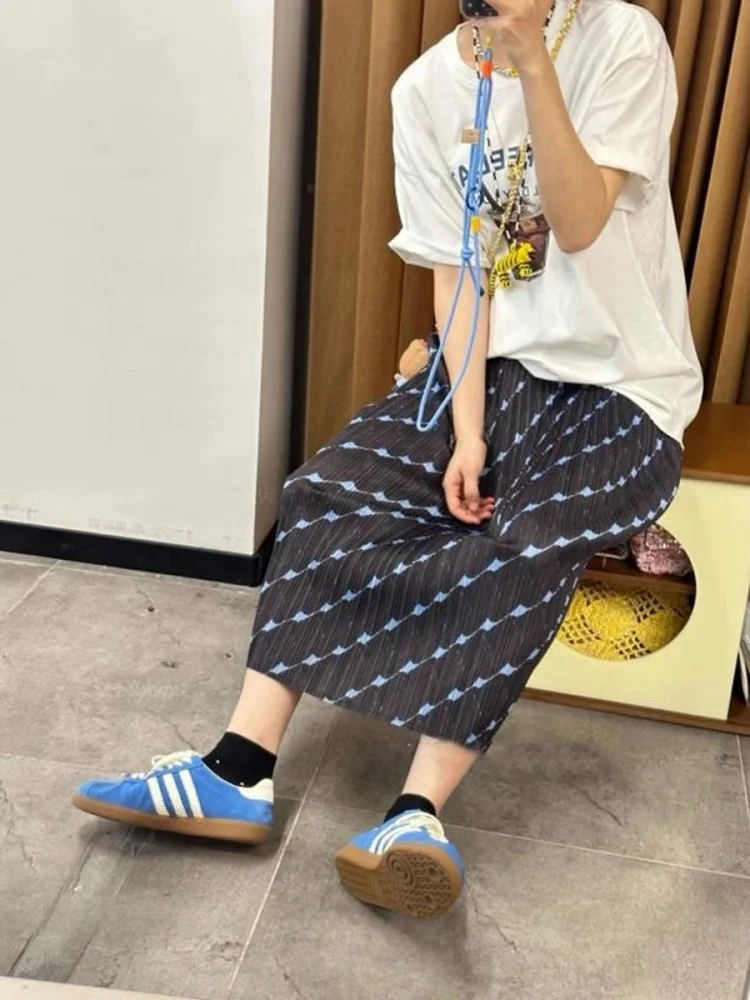 تنورة نسائية مطبوعة بقصة مستقيمة وخصر عالٍ، تنورة صيفية نحيفة متعددة الاستخدامات بطول متوسط، نمط كوري أنيق للعمل