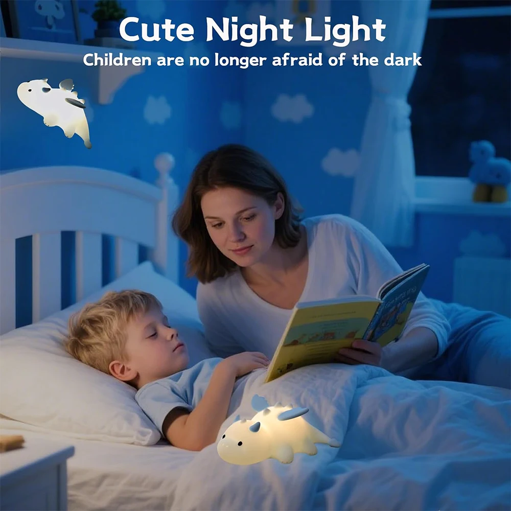 Cute Baby Dragon Night Light For Kids Soft Silicone Nursery Sleeping Lamp 3 Level Dimmable Changing Rechargeable Beside Lamp