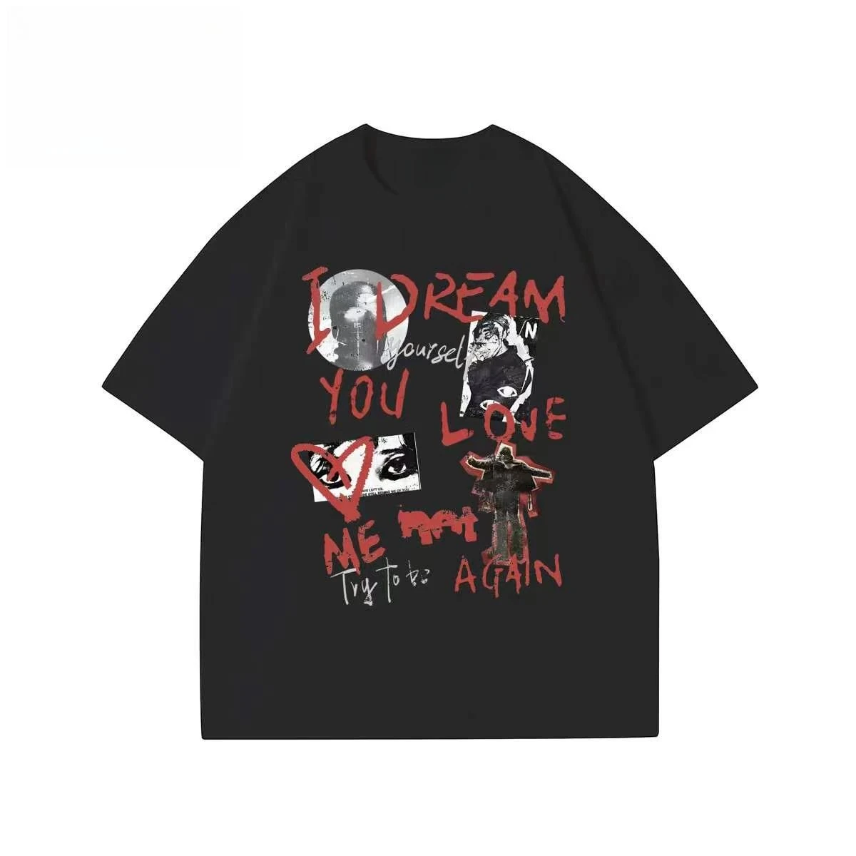 Camiseta Oversized Estampada Y2K Dark Grunge 2026 Verão com Estampa 'I Dream You Love Me Again', Camiseta Casual Retrô Streetwear para Homens e Mulher