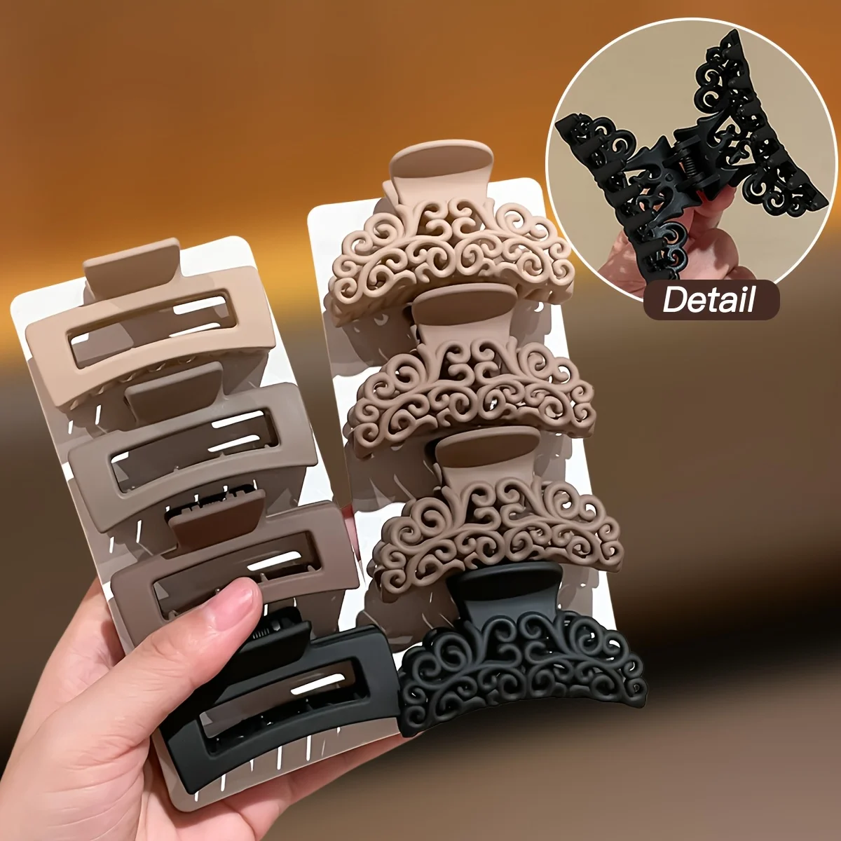 8Pcs Women's Square Patterned Shark Clips, Women's Hair Accessories, Medium-Sized Hair Clips in Coffee Color and Black, Vintage Simple Style, Suitable for Daily Wear, Holiday Wear, and Beach Vacations view 3