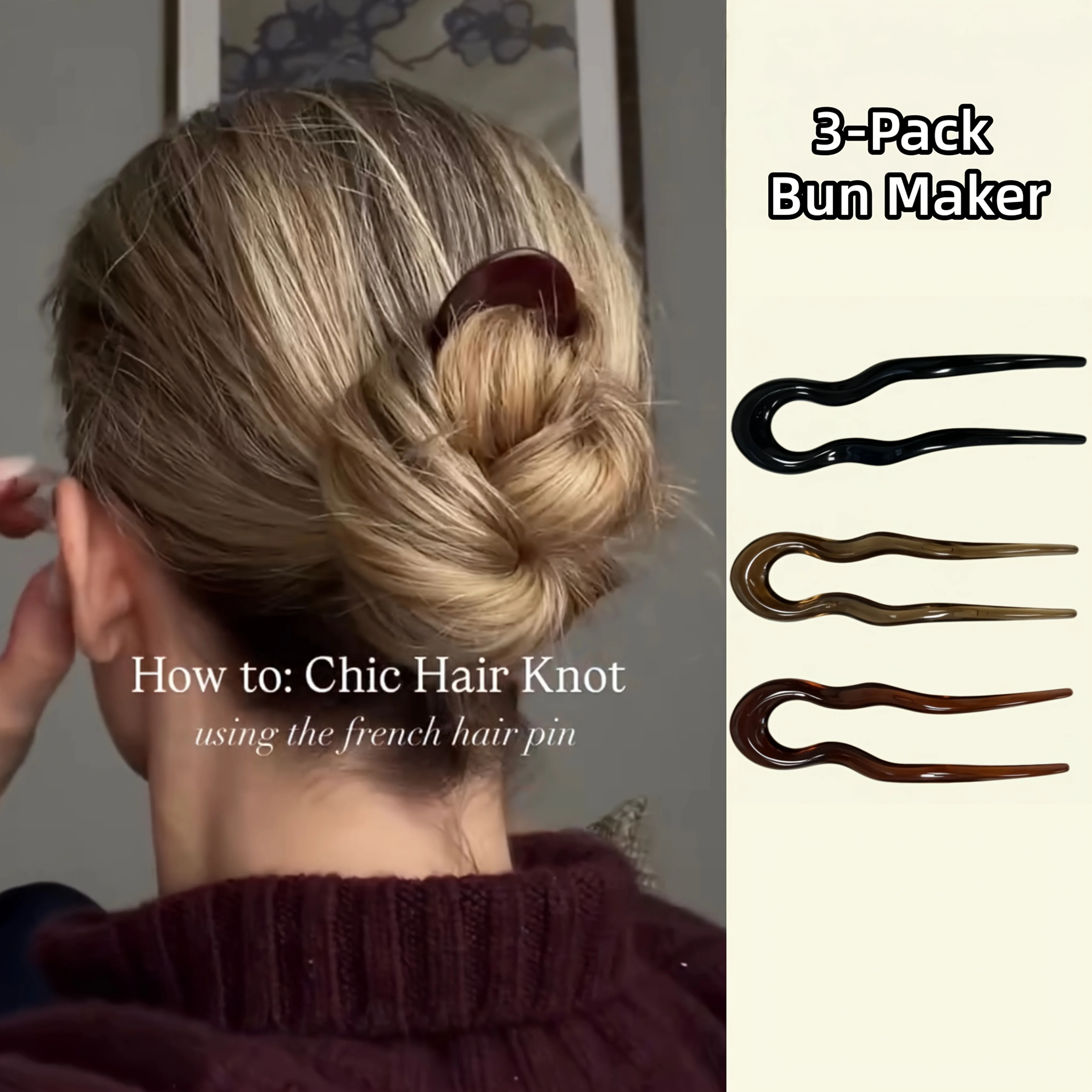 3 Pack French Wave U Shape Hair Clips Random Colors Acrylic Bun Styler Anti Slip Hair Fork for Thick and Thin Hair