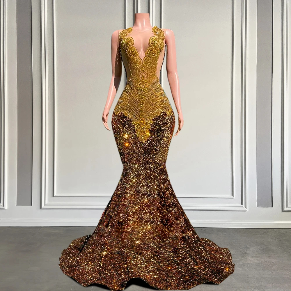 

Sparkly Sequins Brown Prom Dress Black Girl Luxury Beaded Gold Crystal Diamond Long Gala Gowns Mermaid for Birthday Customized