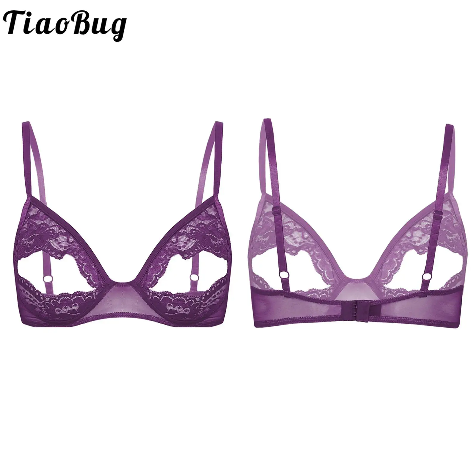 Women's Lace Unlined Bralette Underwire Sheer Bra See Through Sexy Cut Out Bra Adjustable Straps Exposed Nipples Brassiere