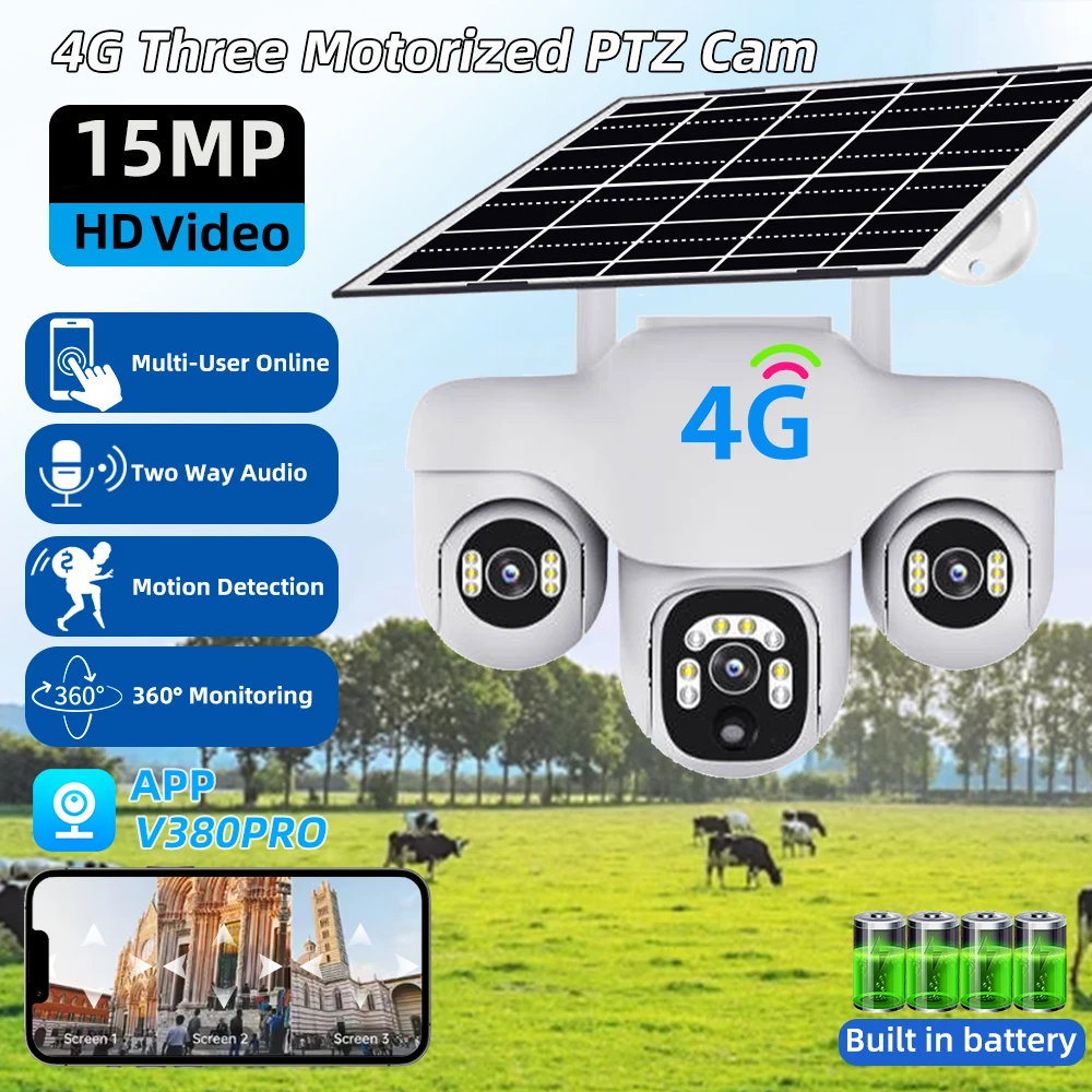 

4G Solar Camera Three PTZ Lens HD 15MP Outdoor Waterproof CCTV V380 PRO Night Vision Two-Way Audio Camera Mobile Tracking IP Cam