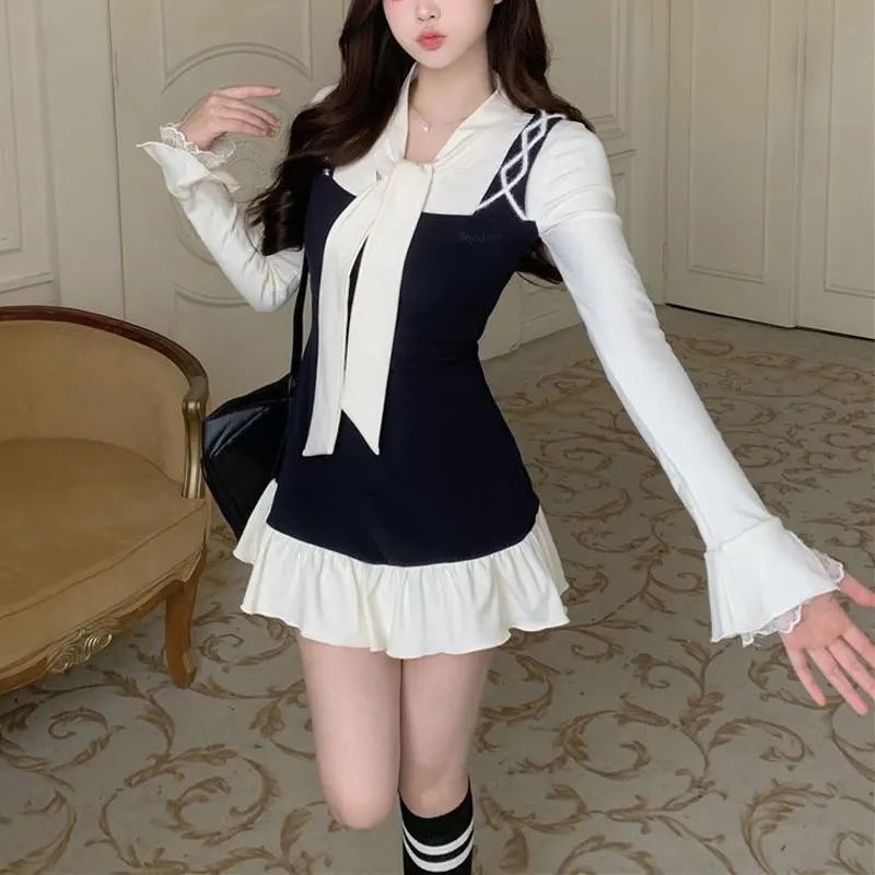 Female Clothing Gentle Mini Dress Fake Two Pieces Spring Autumn Contrasting Colors Aura Scarf Collar Stylish Drawstring Dresses - Image 6