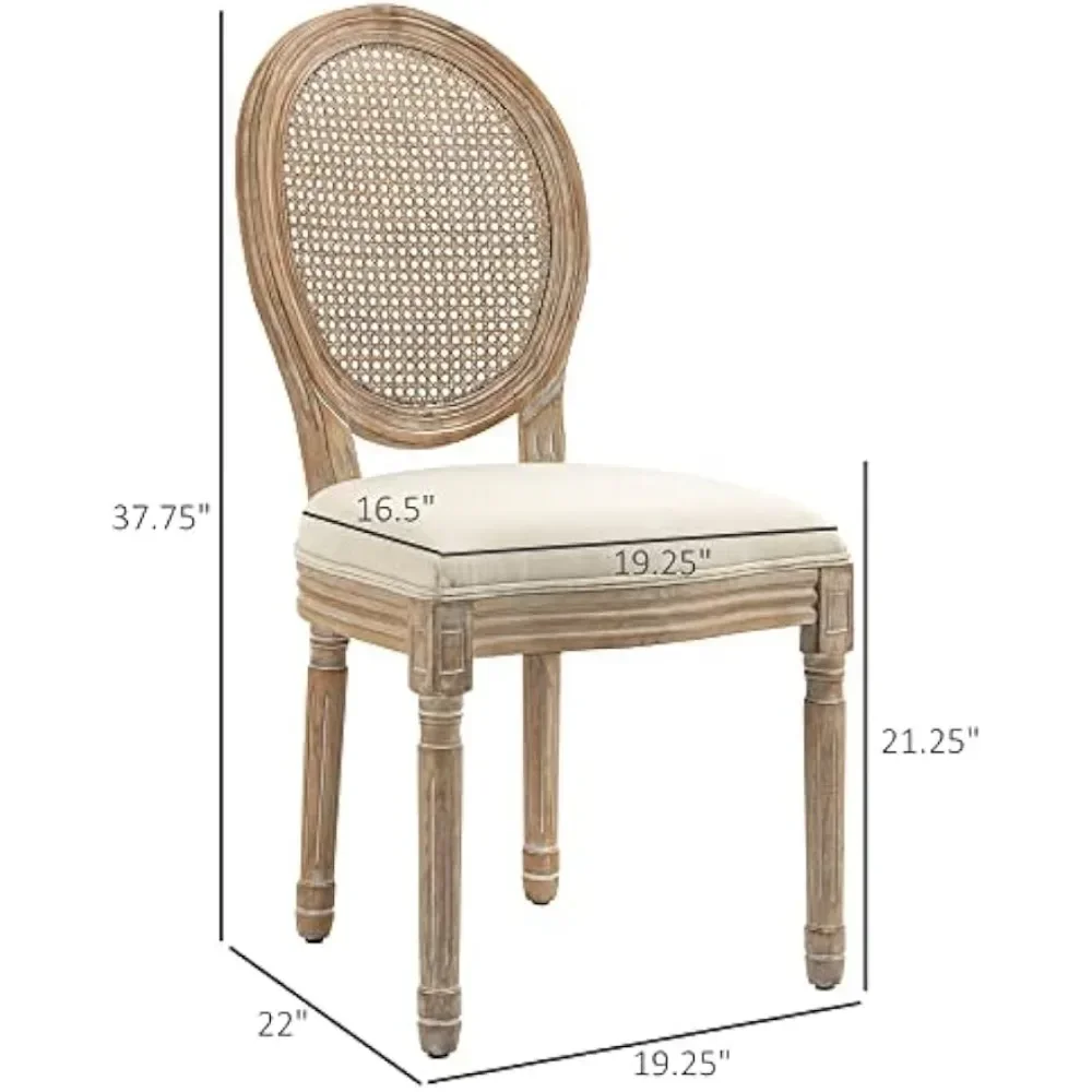 Dining Chair Set of 4 with Rattan Backrest and Linen-Touch Upholstery, Armless Accent Side Chairs, French-Style Dining Chair