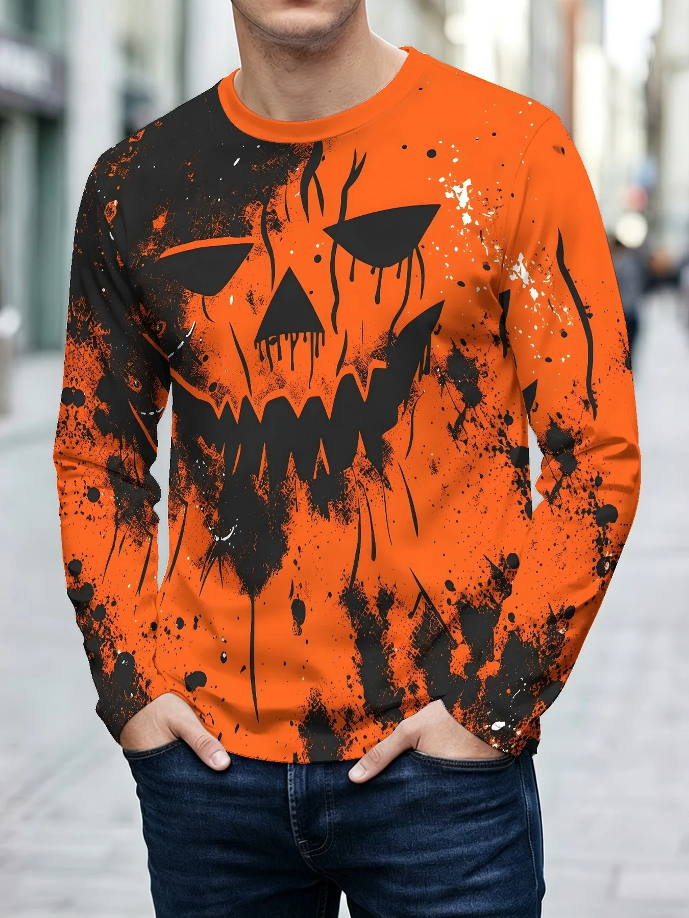 Men’s Trendy Long-Sleeve T-Shirt with Devil Print – Stylish, Casual, Versatile, and Perfect for Halloween