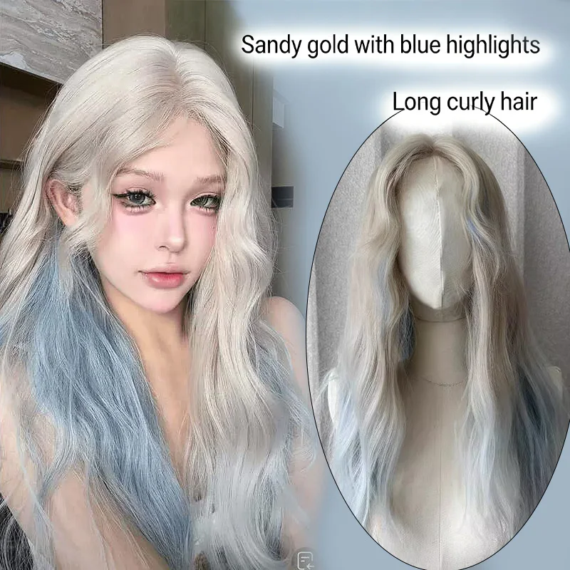

Hot Sale Sandy Gold with Blue Highlights Long Curly Wig, 5.5*9.5cm Small Lace Front Synthetic Wig 26inch Natural Wave Ombre Wigs