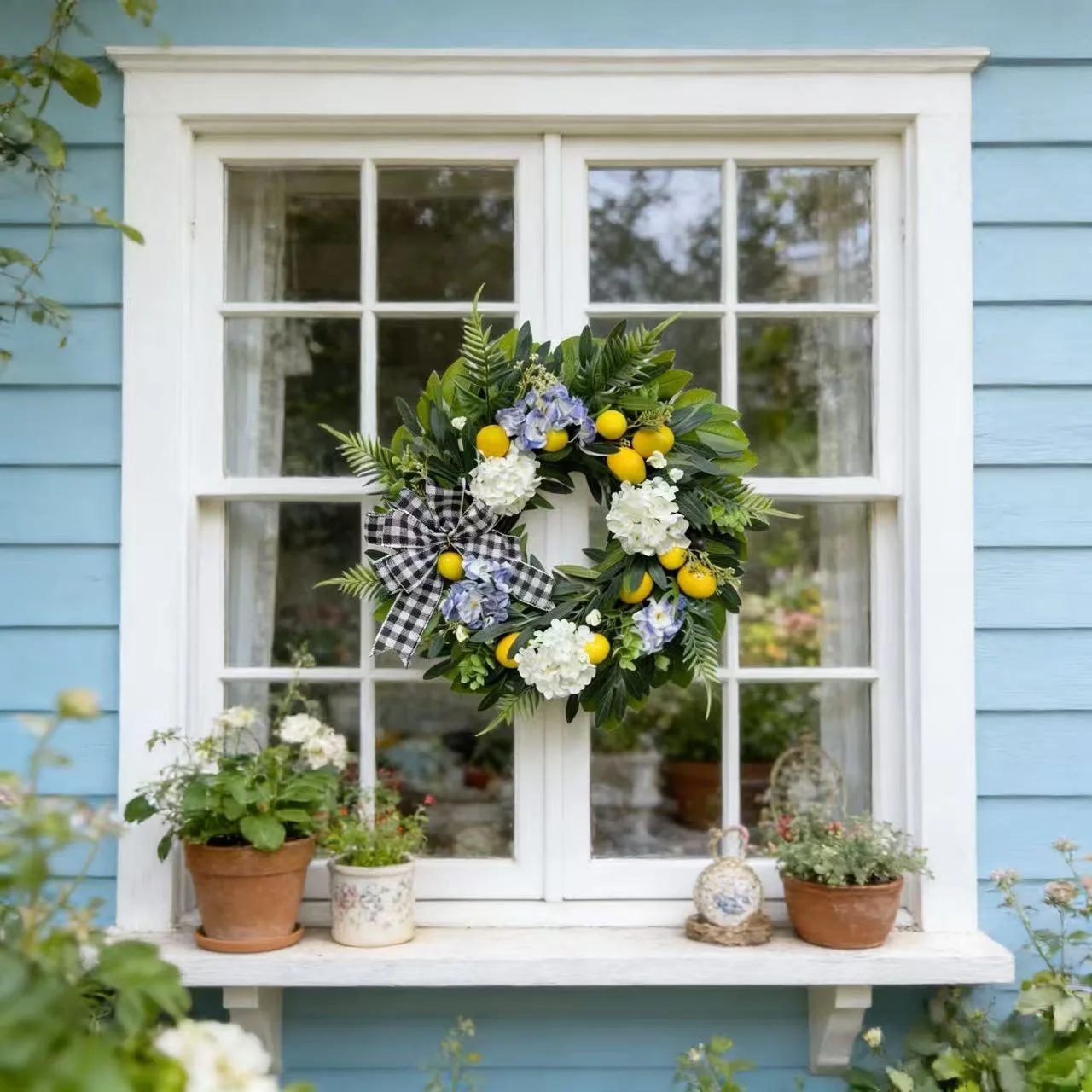 Summer Artificial Lemon Wreath Outdoor Wall Decor Green Floral Hanging Plant Ring Hanging Fruit Floral Front Door Decoration