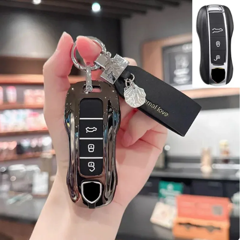 Casing penutup kunci mobil logam campuran seng untuk Porsche Cayenne 718 Macan Panamera 911 Smart Remote Protector Shell Holder Aksesori gantungan kunci