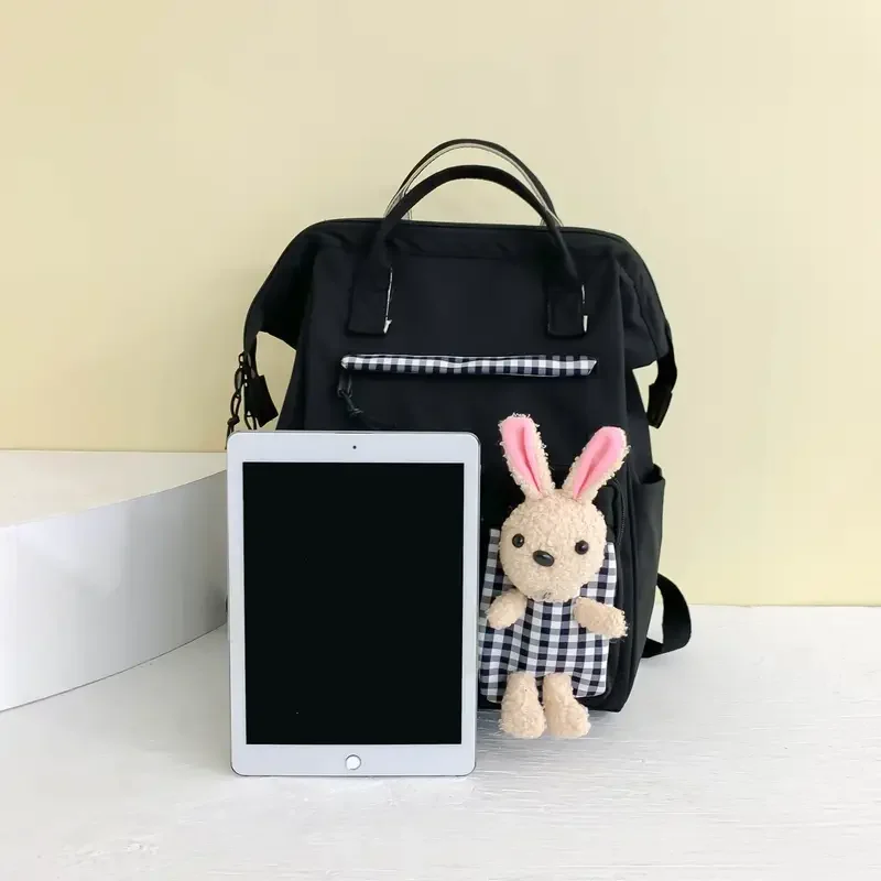 

Fuzzy cute nylon backpack with bow decor, perfect large capacity hand schoolbag for student use