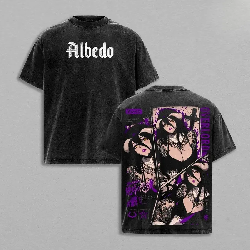 Anime Overlord Albedo Graphic T Shirt Men Women Short Sleeve Clothing Oversized Tshirt Washed Cotton Tee Harajuku Unisex T-shirt