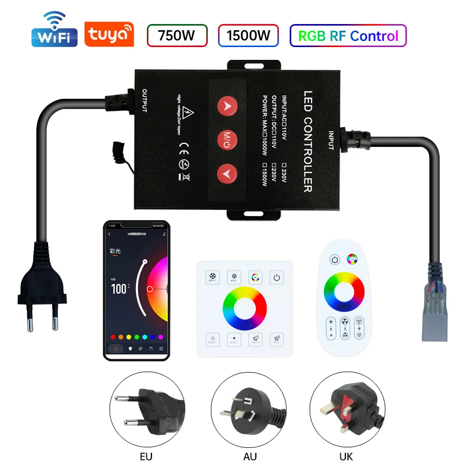 

RF RGB Control 220V 750W 1500W Power Transformer EU AU UK Plug Tuya WiFi Power Supply RF Panel Controller For RGB Led Neon Strip
