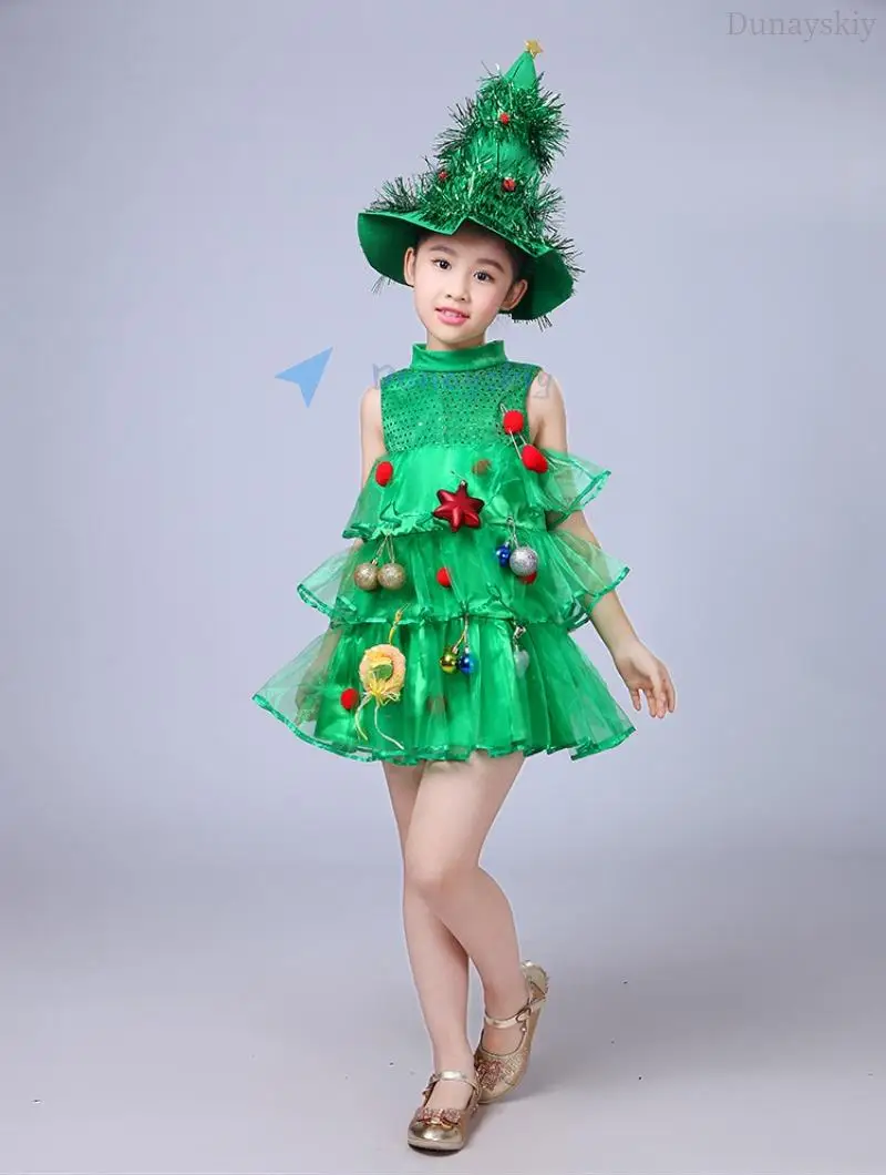 Women Girls Kids Children Green Christmas Tree Costume Outfit Cosplay Props Hat Elf Fancy Dresses