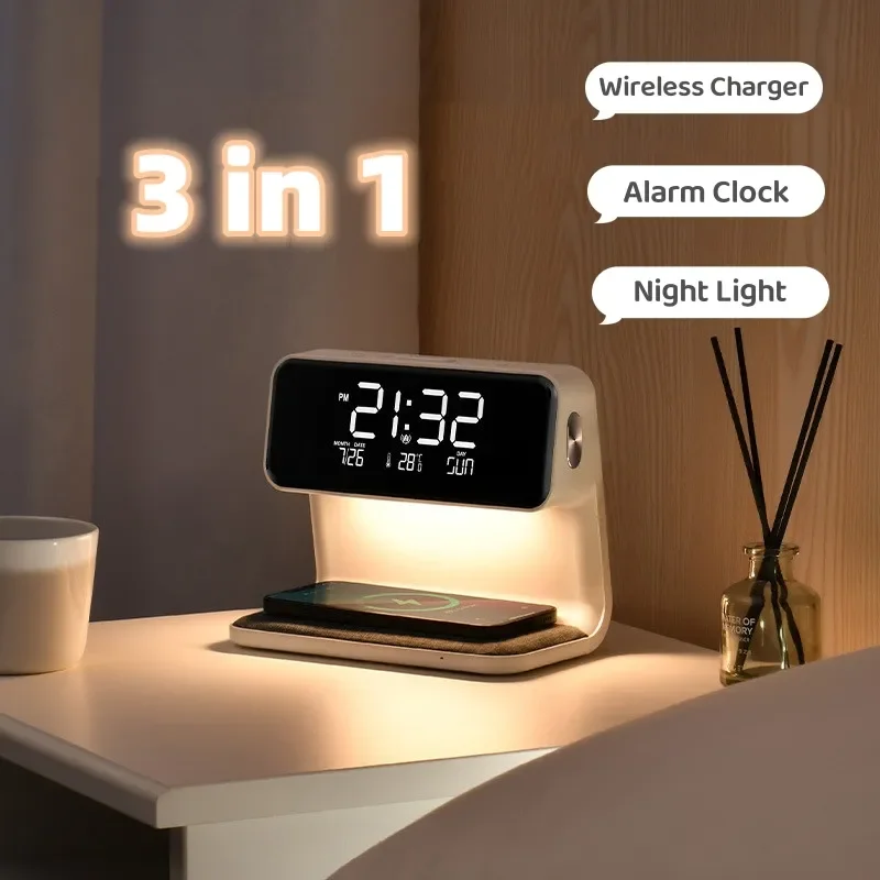 

Creative 3 In 1 Bedside Lamp Wireless Charging LCD Screen Alarm Clock Wireless Phone Charger For Iphone Smart Alarm Clock Lamp