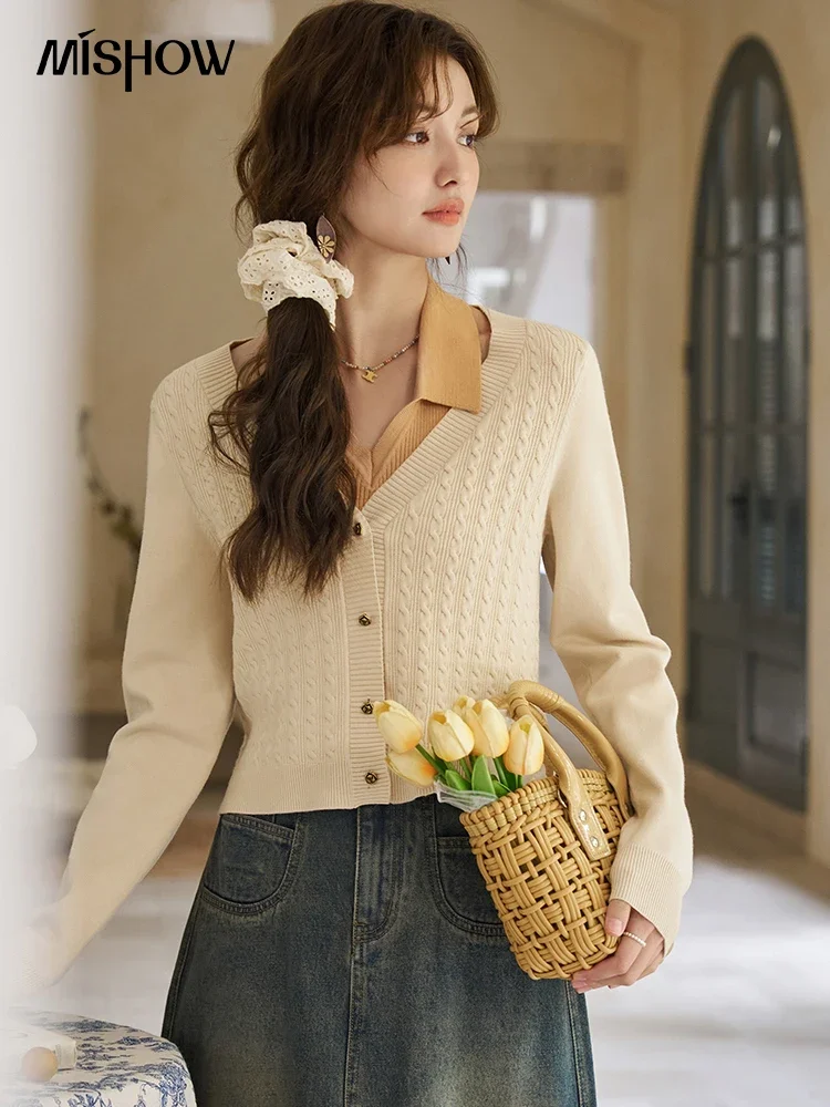 MISHOW College Knitted Cardigan Coat Two Piece Set Separately for Women Spring 2024 Polo Neck Hanging Neck Vest Tops MXD12Z0413