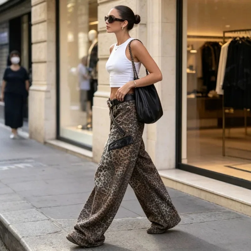 QICHE 2026 Autumn Winter Ladies High Waist Curved Wide Leg Jeans Wasteland Leopard Print Retro Stylish Versatile Denim Trousers