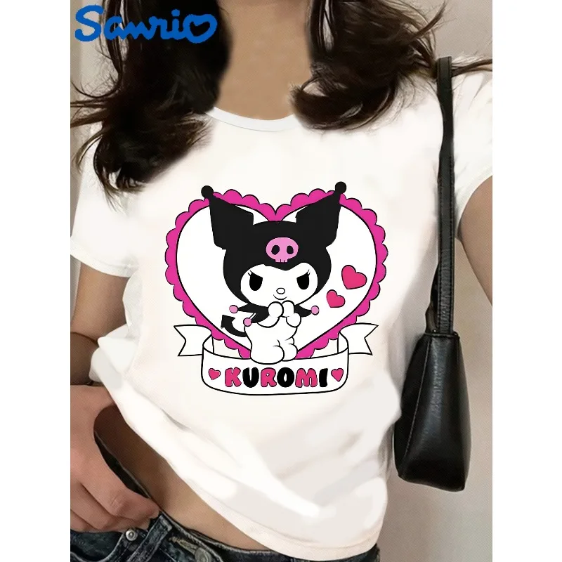 

Sanrio Hello Kitty Cute Kuromi мультфильм милый принт с круглым вырезом модная женская футболка с коротким рукавом повседневная свободная хлопковая футболка