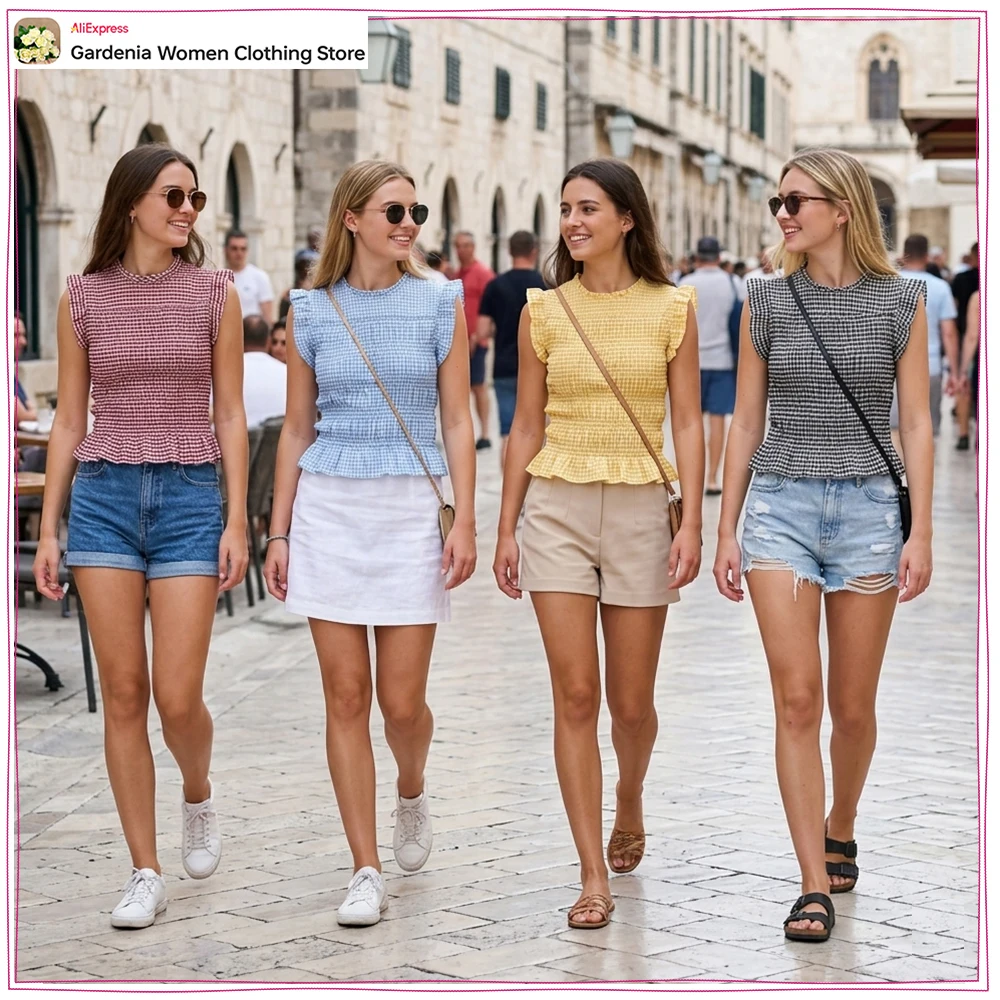 Elegant Fashion Gingham Smocked Tops for Women New in Summer Round Neck and Sleeveless Blouse Finished with Ruffles and Elastic