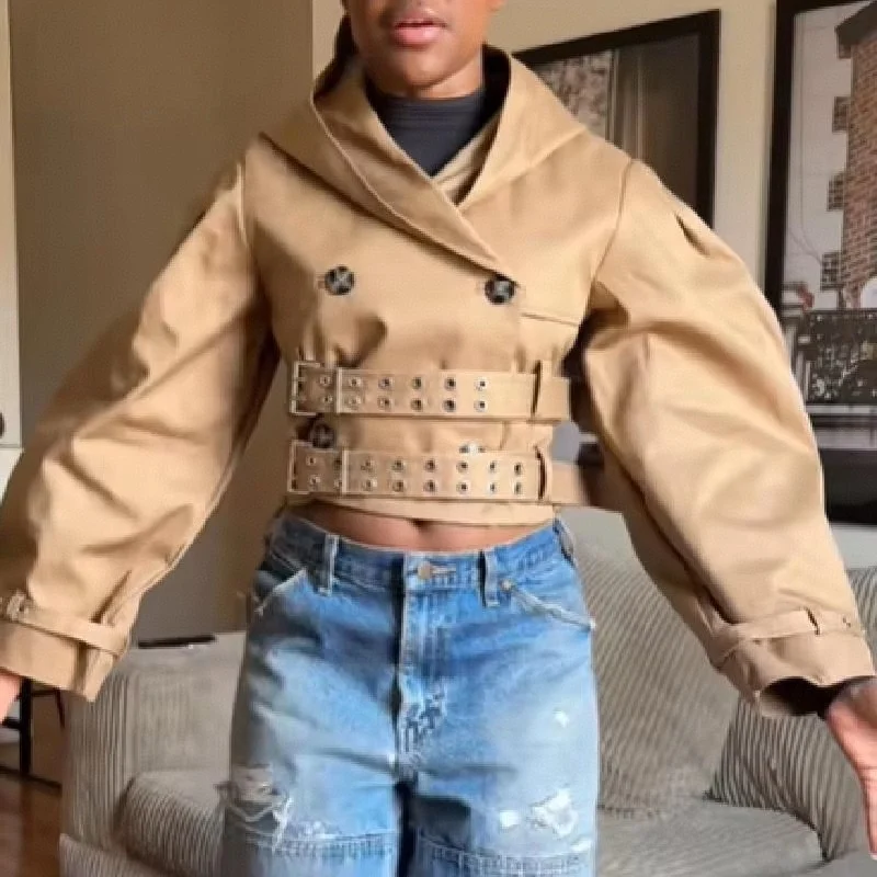 

COOBBU Шикарный панк-тренч для женщин, свободное укороченное пальто с капюшоном и длинными рукавами, с отложным воротником, рукава «летучая мышь», длинное пальто, новинка 2026 года, женское, в стиле Y2K, осеннее