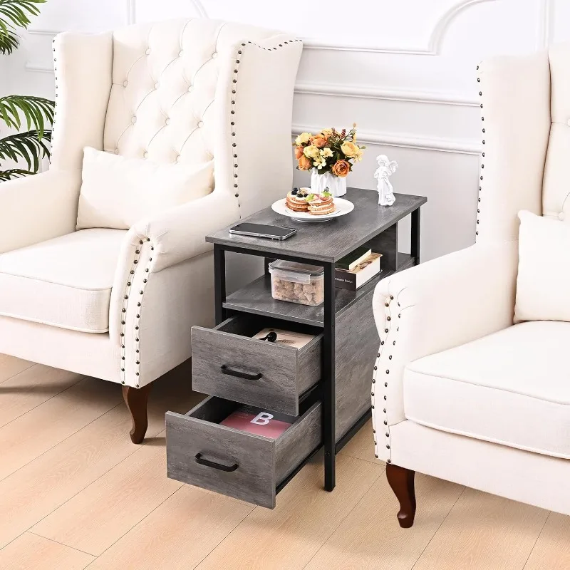 

Side Table Gray End Tables With Charging Station Narrow End Table With Wooden Drawers USB Ports And Power Outlets Nightstand