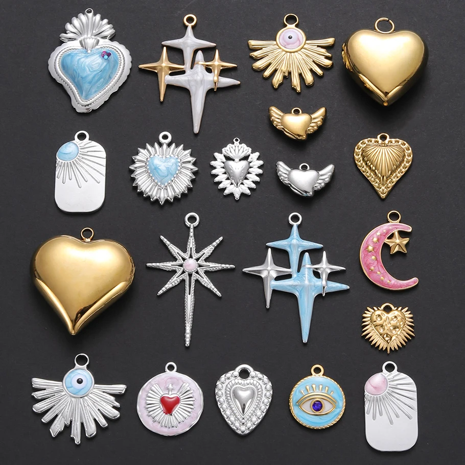 5Pcs Enamel Gothic Star Moon Cross Turkish Blue Evil Eye Pendant Bijoux Textured Catholic Sacred Heart Pendentif Jewelry Making