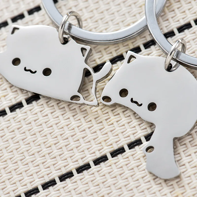 Cute Cartoon Cat Keychain Couple Lovers Stainless Steel Matching Keyring Lovely Pendant Key Chain Valentine's Day Gift Jewelry