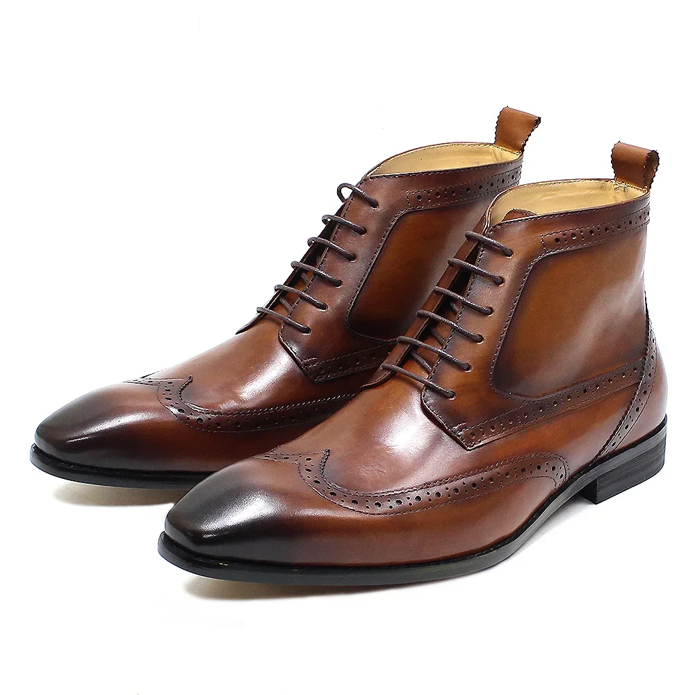 Bottes de cowboy classiques en cuir véritable de veau pour hommes, chaussures Derby formelles à lacets, bout pointu, coupe haute