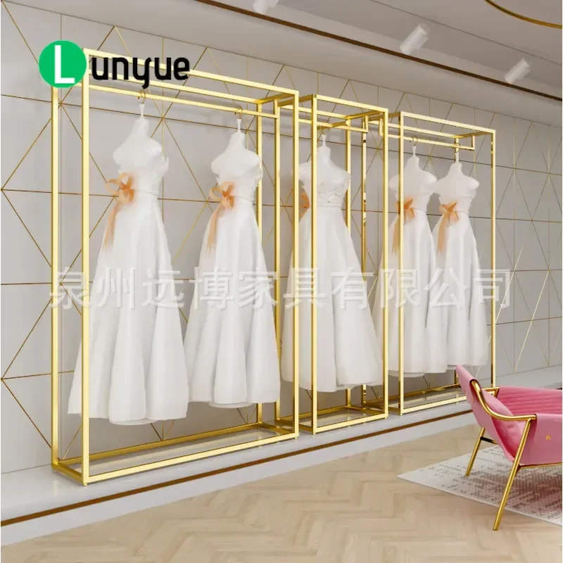 Gold Floor to Ceiling Wedding Dress Rack Wrought Iron Clothing Display Stand for High End Store Studio Hanfu Garment Hanger
