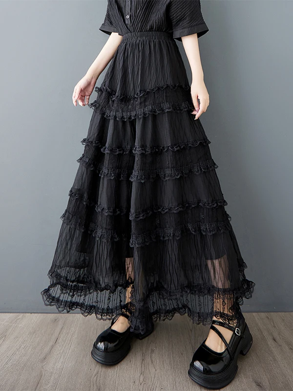 Letnia spódnica damska plus size na lato 2025, luźna, z bogatym haftem, koronką, plisowana, typu tort, do ziemi, z włókna poliestrowego, o kroju litery A...