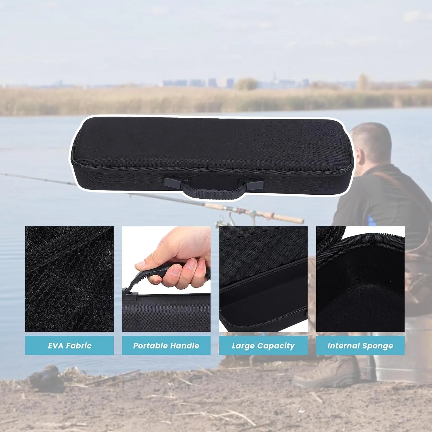 Borsa per attrezzatura da pesca Custodia da pesca portatile antiurto in EVA Borsa per canna da pesca Custodia e organizzatore per attività all'aperto, campeggio