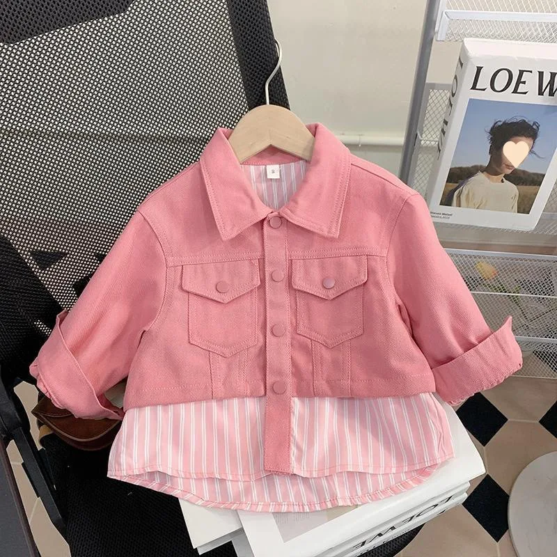 Girls\' pink striped patchwork denim jacket Big bow on back  A casual fall jacket girl\'s blouse girls blouse Cute coat for girls