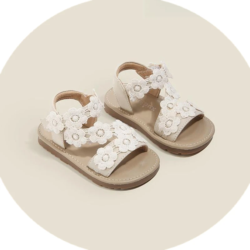 2025 New Sandals for girls Cute Knitting Flower Toddler Girl Shoes For Summer Beige Brown Soft Sole Baby Beach	Walkers Shoe