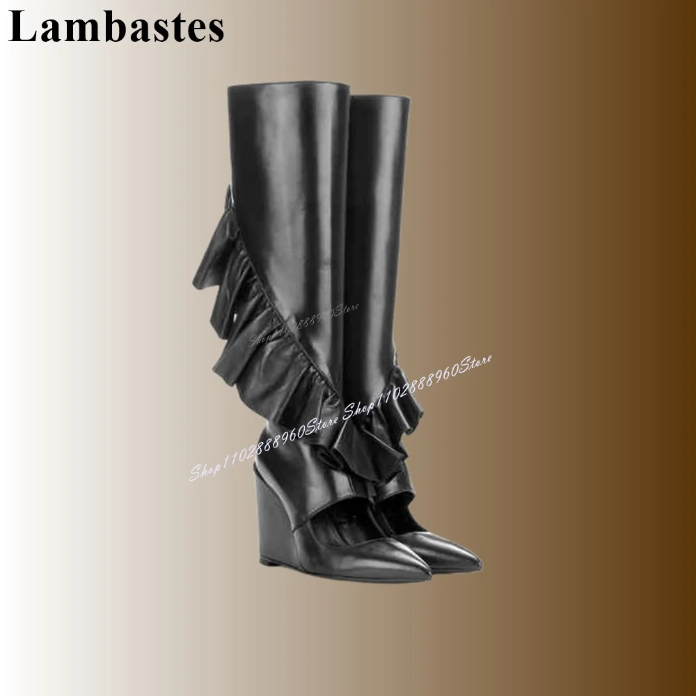 

Knee High Black Leather Ruffles Decor Hollow Boots Wedges Heel Shoes For Women Side Zipper Pointed Toe 2024 Zapatos Para Mujere