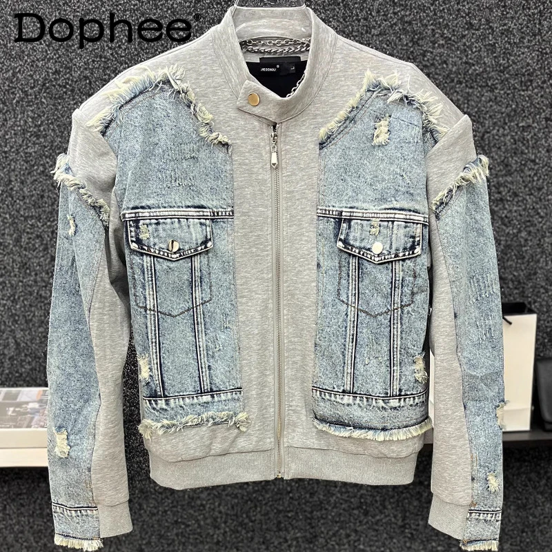 

High-End Chic Denim Jackets Men 2025 Autumn New Fashion Trendy Zipper Hole Stylish Coats Male High Street Long Sleeve Jackets