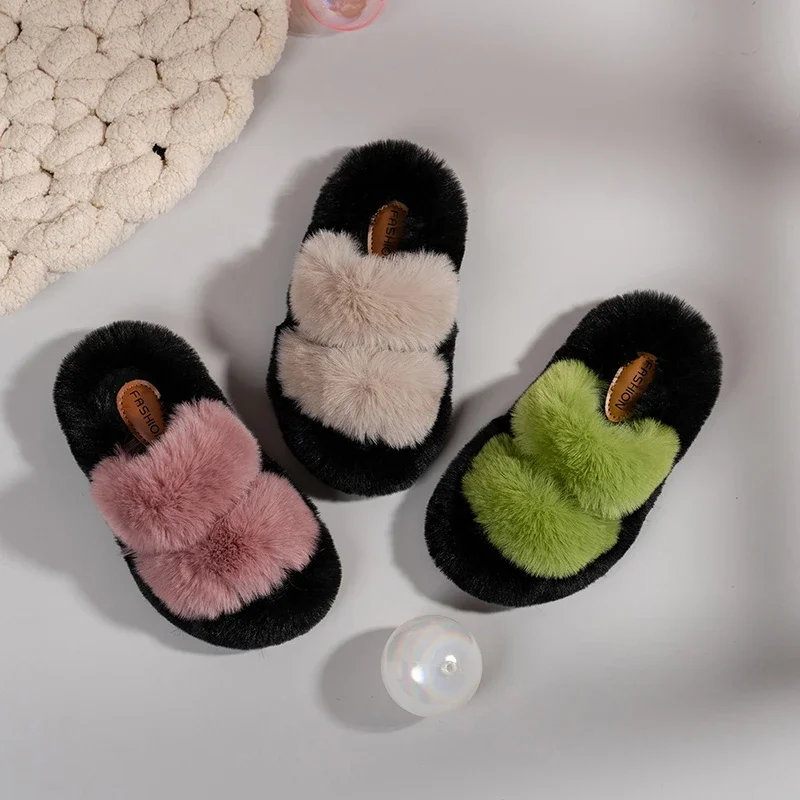 

Girls Warm Shoes with Sweet Plush Shoes Open Toes Chic Kids Slippers Comfort 2025 Winter New Children Casual Slippers Open Toes