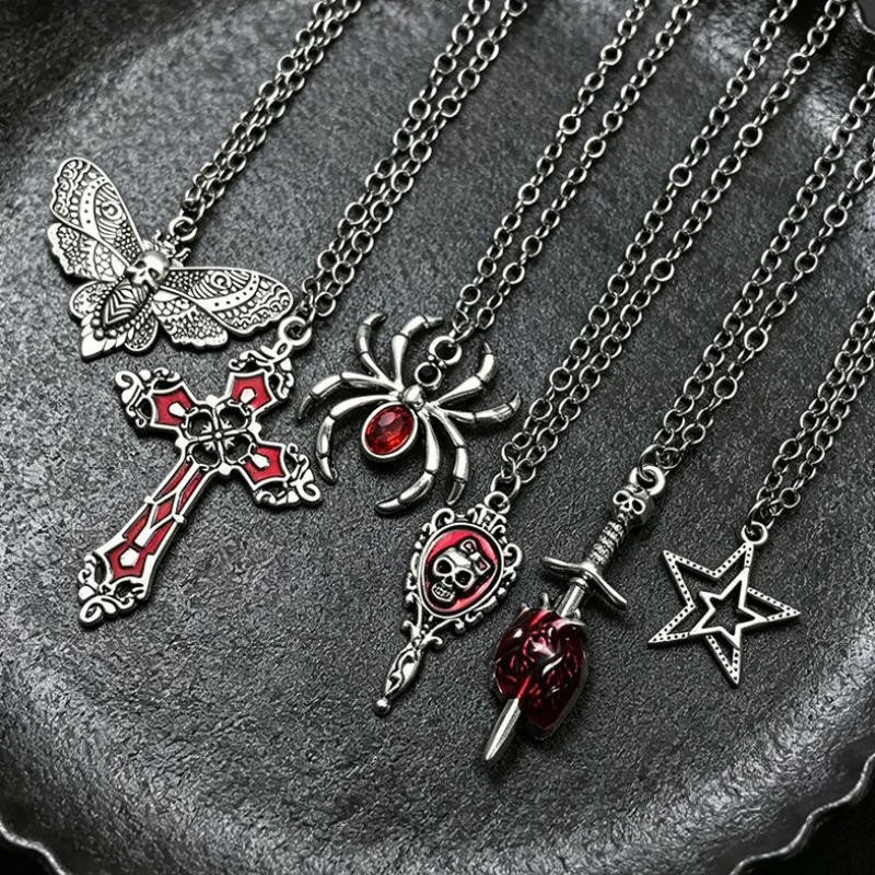 6-piece Gothic imitation ruby spider moth cross skull mirror dagger star pendant necklace set, multi-layer stacked punk jewelry