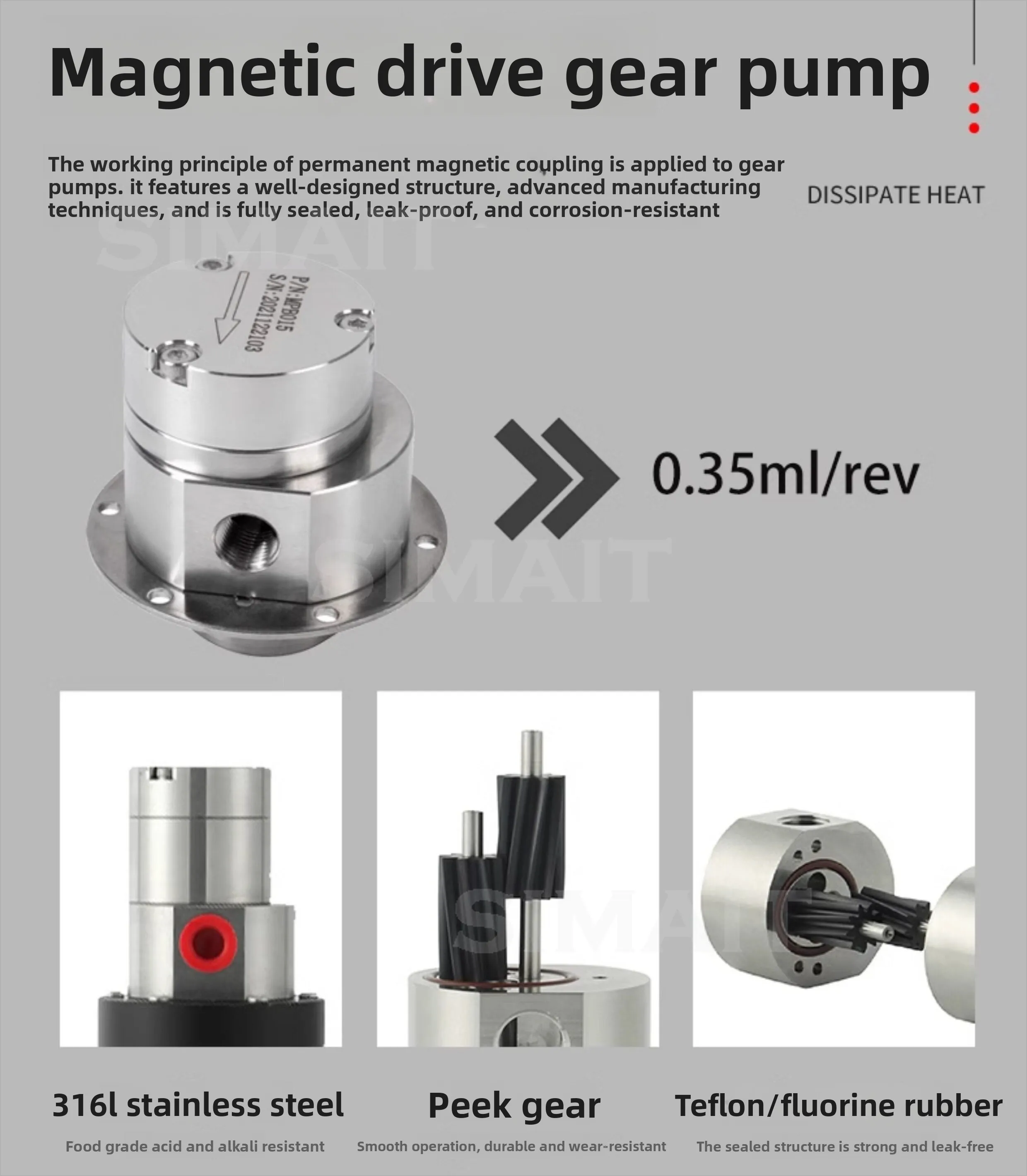 

MPB015 Magnetic Gear Pump, 316L Stainless Steel Micro Pump Head, 0.35ml/rev, Leak-Free Oil Fluid Transfer Pump