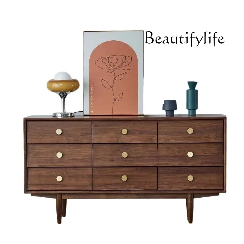 R Schwarzer Walnuss Nordischer Massivholz-Aufbewahrungs-Seitenschrank Schlafzimmer Wohnzimmer Aufbewahrungsschrank Moderne Massivholzmöbel