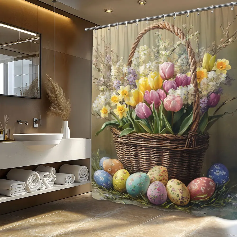 An Easter Delight Shower Curtain: Bring the Joy of Spring into Your Bathroom with This Stunning Design Featuring a Basket