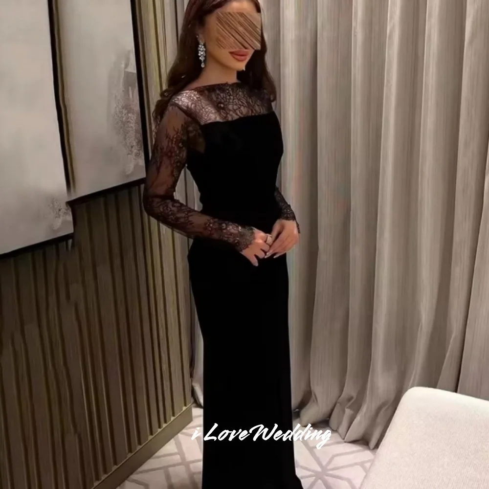 

Black High Neck Evening Dresses 2025 Lace Long Sleeve Backless Mermaid Pleated Floor-Length Wedding Party Dresses Customized